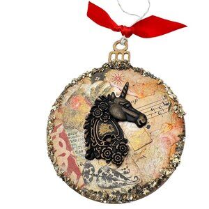 Handcrafted Ornament OOAK Vintage-Inspired Collage Gold Black Unicorn & Accents